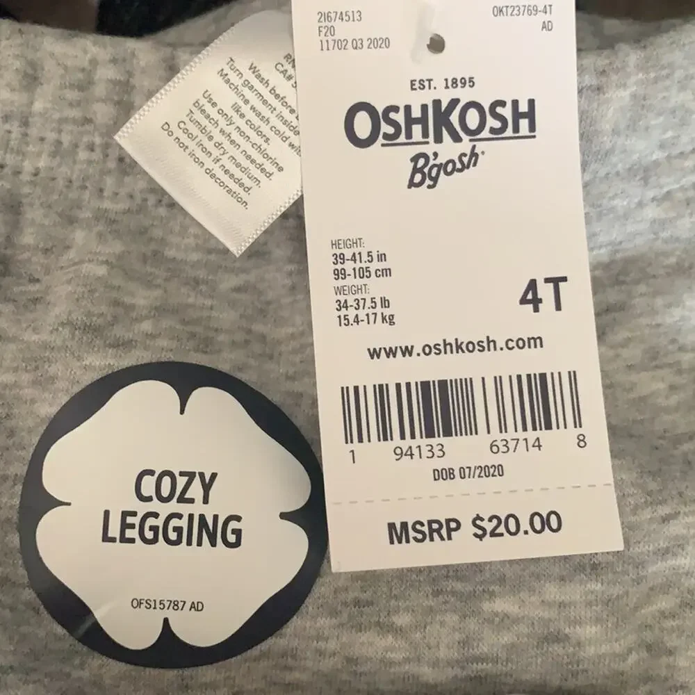 Oshkosh Cozy pull on fleece sweatpants leggings grey 4t